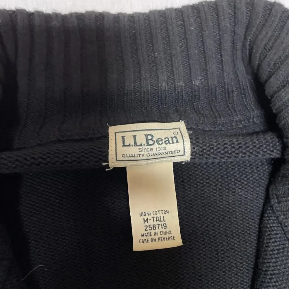 LL Bean Sweater Mens MED Tall Black Mock Neck Ribbed Knit Full Zip Cardigan